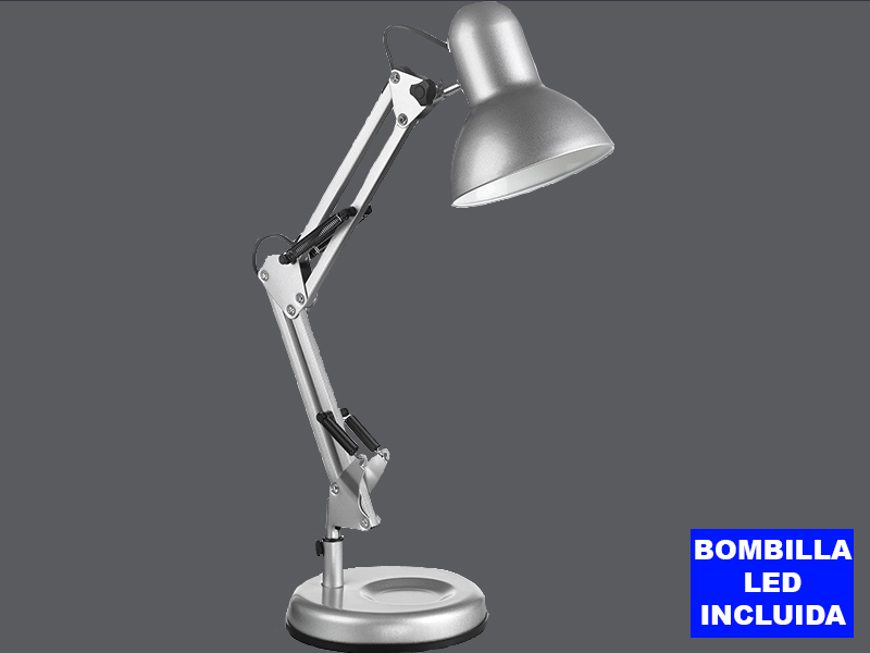 Lámpara articulada VERA plata, con base y pinza de fijación a mesa o tablero, bombilla led 5w incluida.