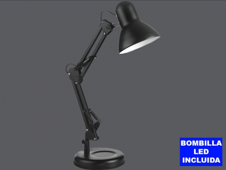 Lámpara articulada VERA negra, con base y pinza de fijación a mesa o tablero, bombilla led 5w incluida.
