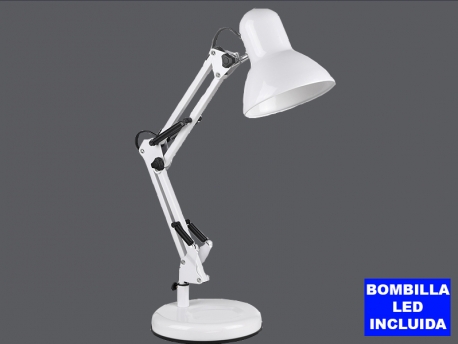 Lámpara articulada VERA blanca, con base y pinza de fijación a mesa o tablero, bombilla led 5w incluida.