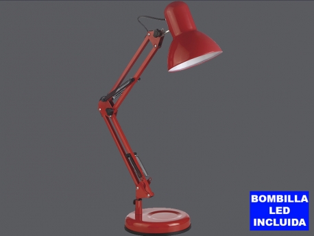 Lámpara articulada VERA roja, con base y pinza de fijación a mesa o tablero, bombilla led 5w incluida.