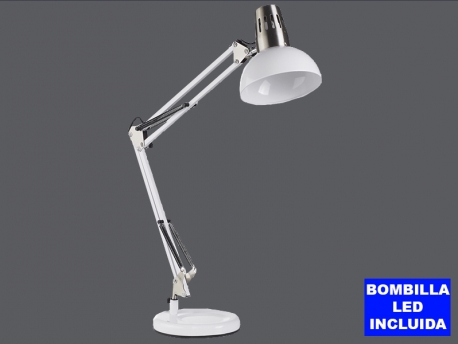 Lámpara articulada ARTIC Blanca-Níquel Mate, con base y pinza de fijación a mesa o tablero, bombilla led 11w incluida.